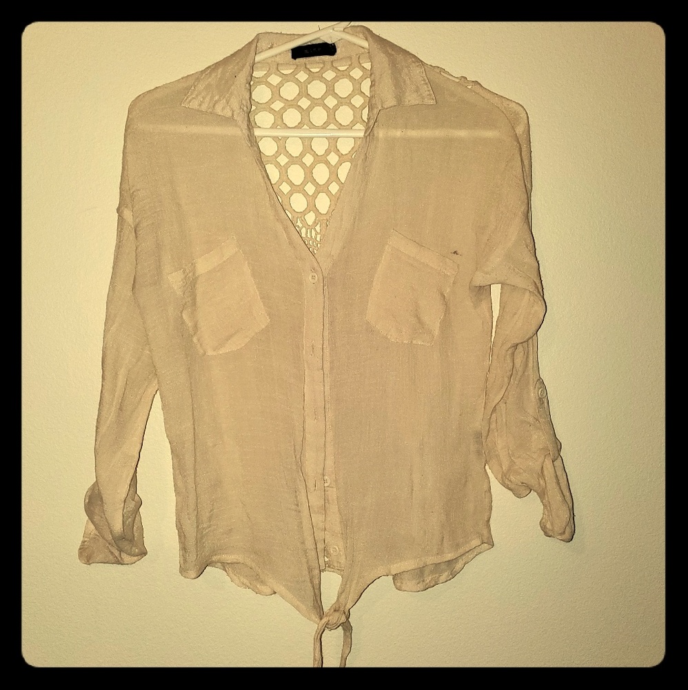 Cream Crochet Shirt with Front tie & Buttons
